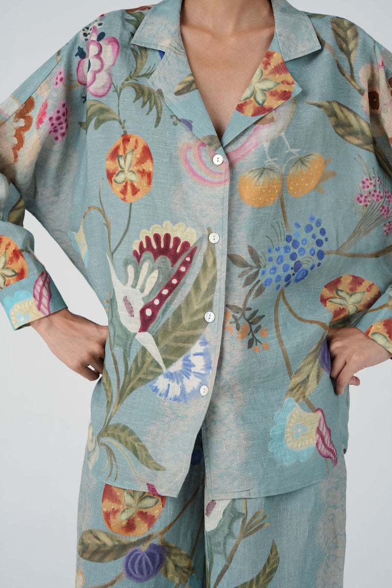 Lounge Shirt-Blue Floret linen top/shirt by CORD in multi-color for women Worldwide
