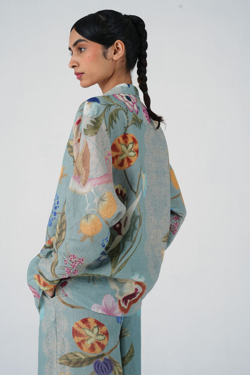 Lounge Shirt-Blue Floret linen top/shirt by CORD in multi-color for women Worldwide