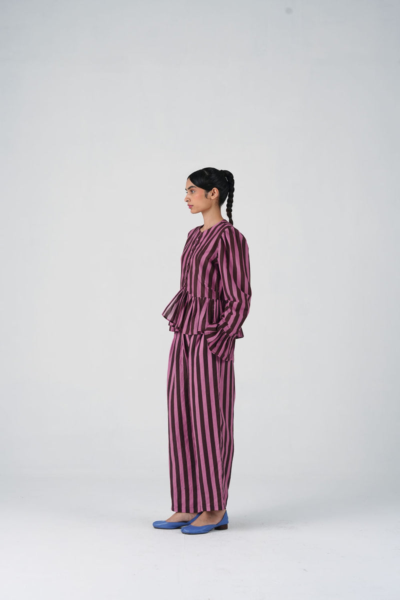 Jae Set-Brown And Pink Stripe cotton silk, linen co-ord set by CORD in multi-color for women Worldwide