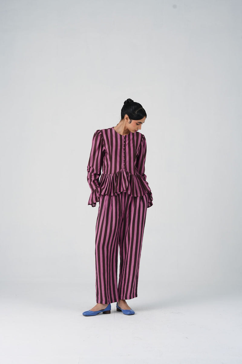 Jae Set-Brown And Pink Stripe cotton silk, linen co-ord set by CORD in multi-color for women Worldwide