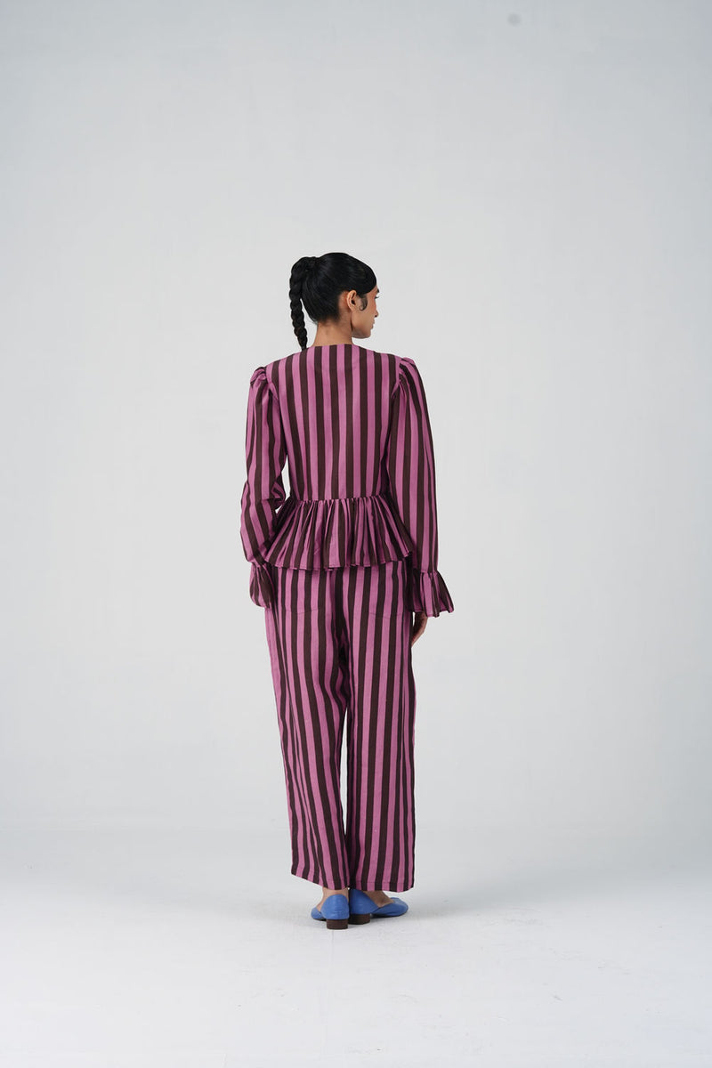 Jae Set-Brown And Pink Stripe cotton silk, linen co-ord set by CORD in multi-color for women Worldwide