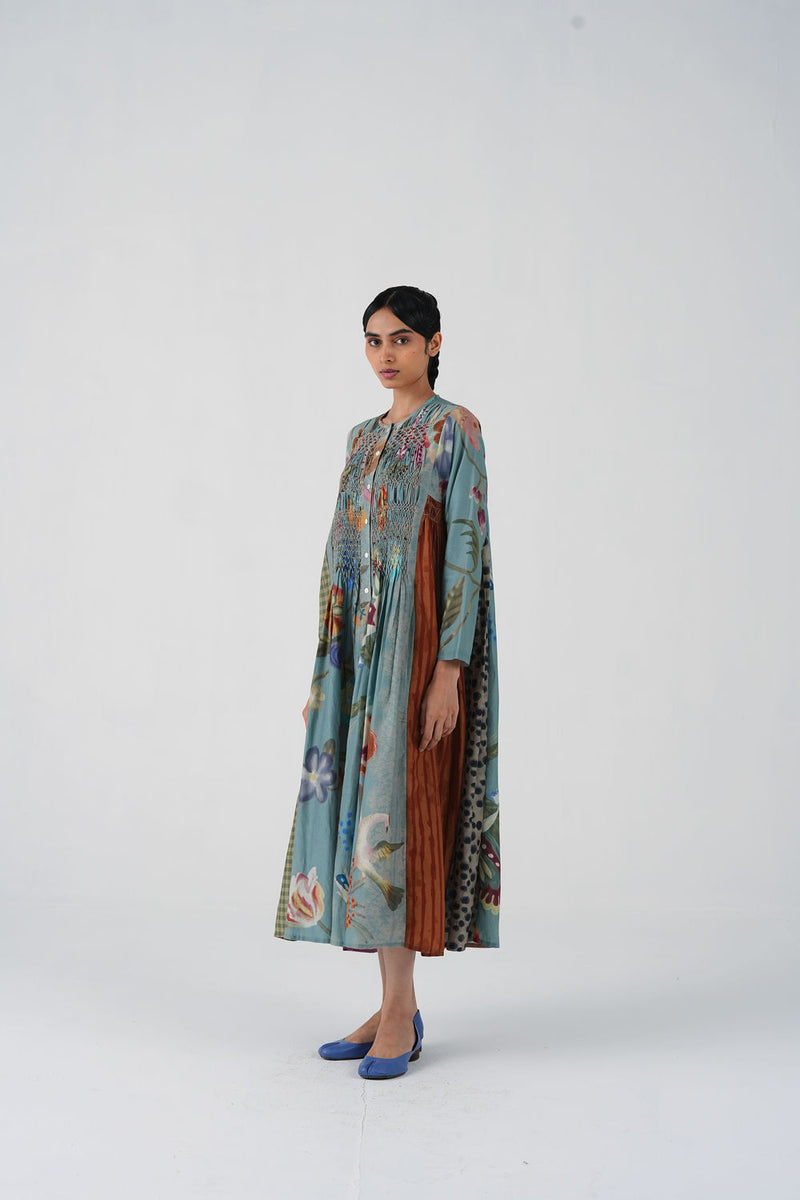 Frida Dress-Blue Floret cotton silk dress by CORD in multi-color for women Worldwide