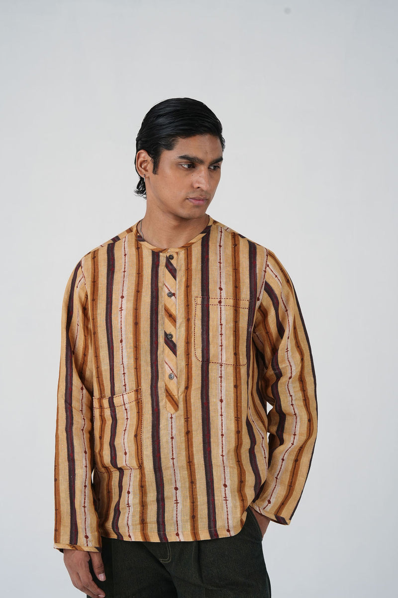 Zen Collarless Shirt-70'S Striper linen shirt by CORD MEN in multi-color for men Worldwide