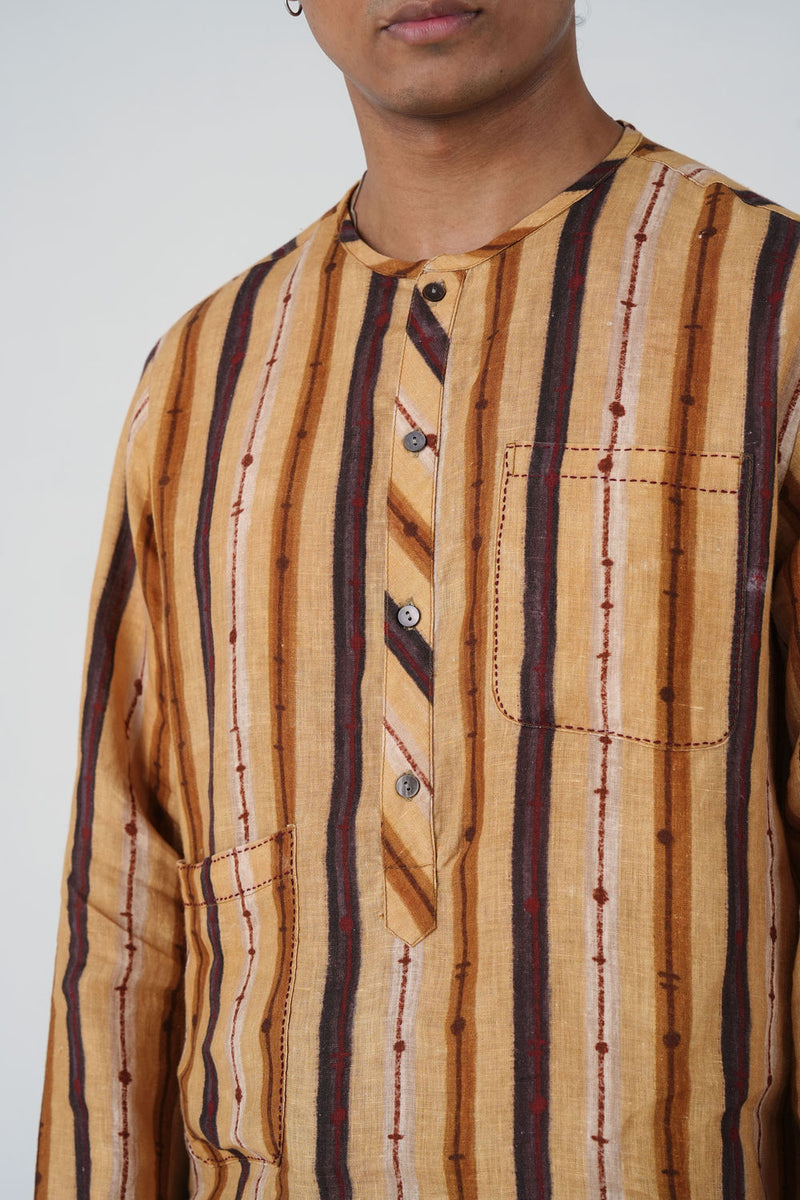 Zen Collarless Shirt-Blue Brown Striper linen shirt by CORD MEN in multi-color for men Worldwide