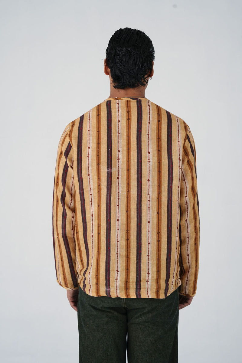 Zen Collarless Shirt-70'S Striper linen shirt by CORD MEN in multi-color for men Worldwide