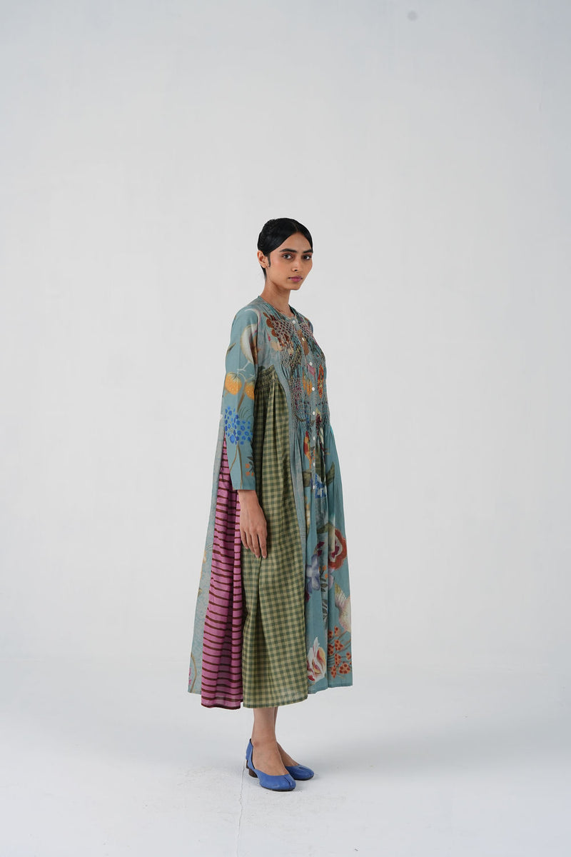Frida Dress-Blue Floret cotton silk dress by CORD in multi-color for women Worldwide