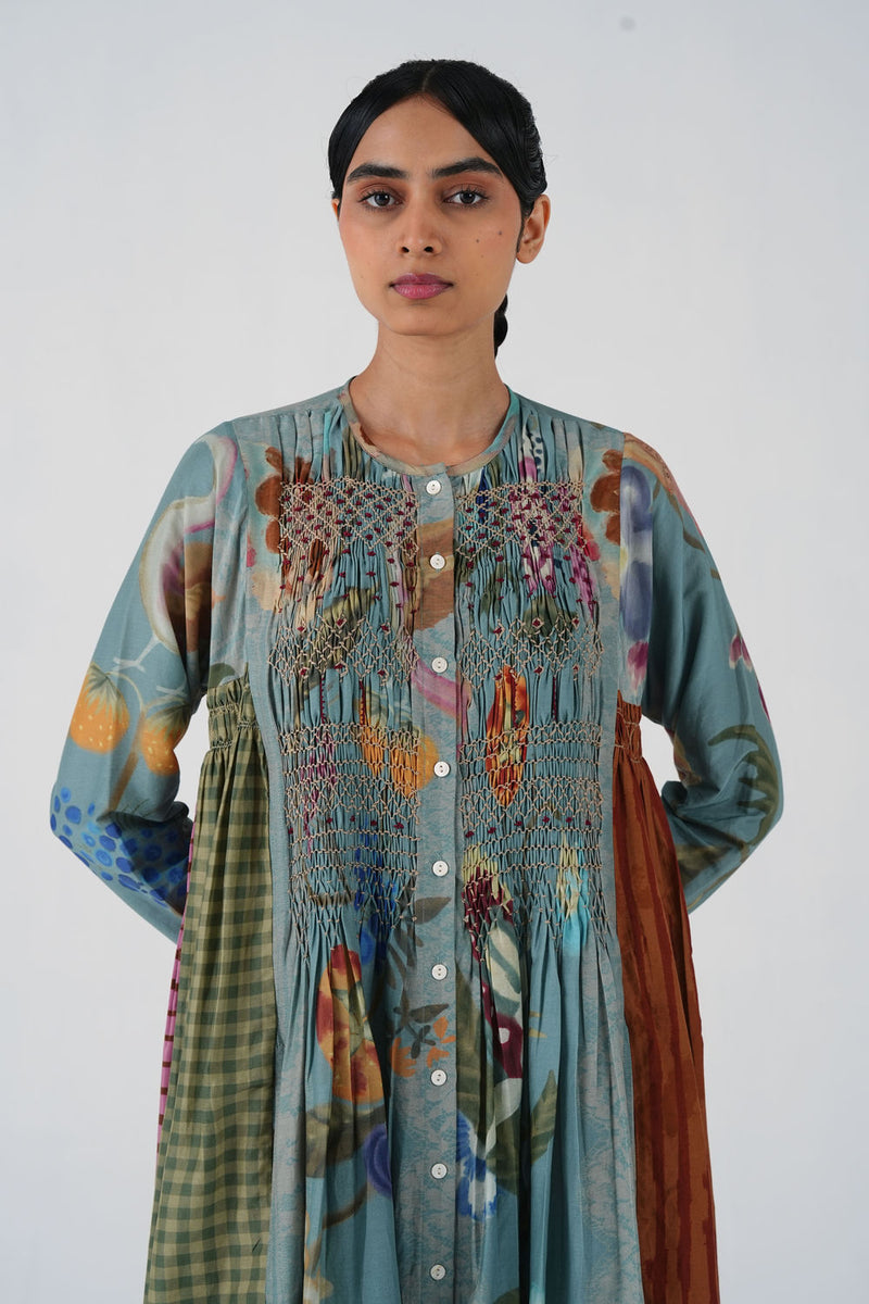 Frida Dress-Blue Floret cotton silk dress by CORD in multi-color for women Worldwide