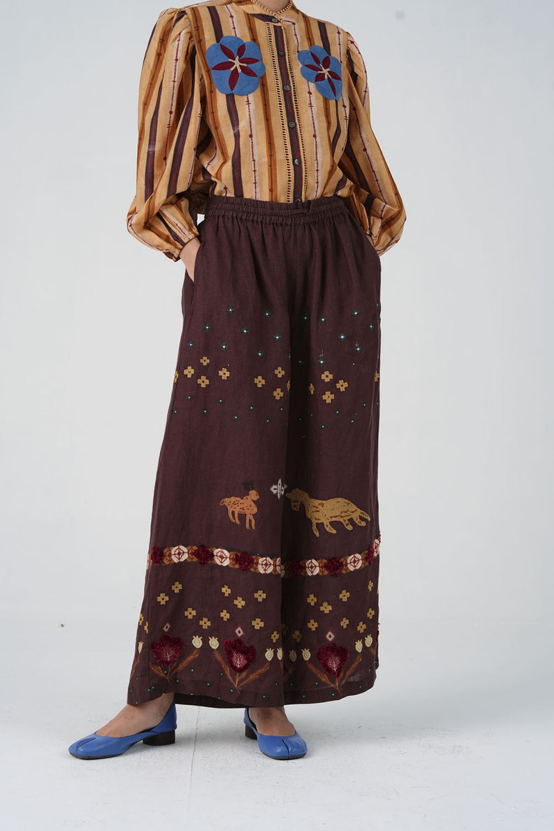 Pareo Pants-Brown Fresco linen pant/trouser by CORD in multi-color for women Worldwide