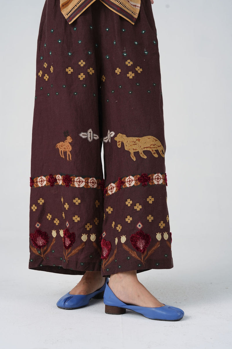 Pareo Pants-Brown Fresco linen pant/trouser by CORD in multi-color for women Worldwide