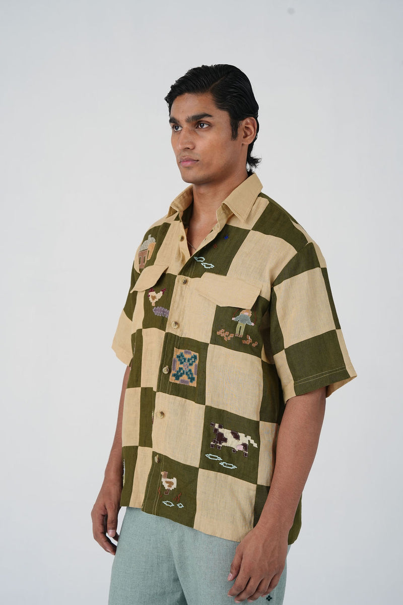 Skater Shirt-Countryside Applique linen shirt by CORD MEN in multi-color for men Worldwide