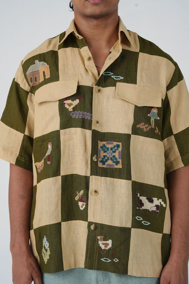 Skater Shirt-Countryside Applique linen shirt by CORD MEN in multi-color for men Worldwide