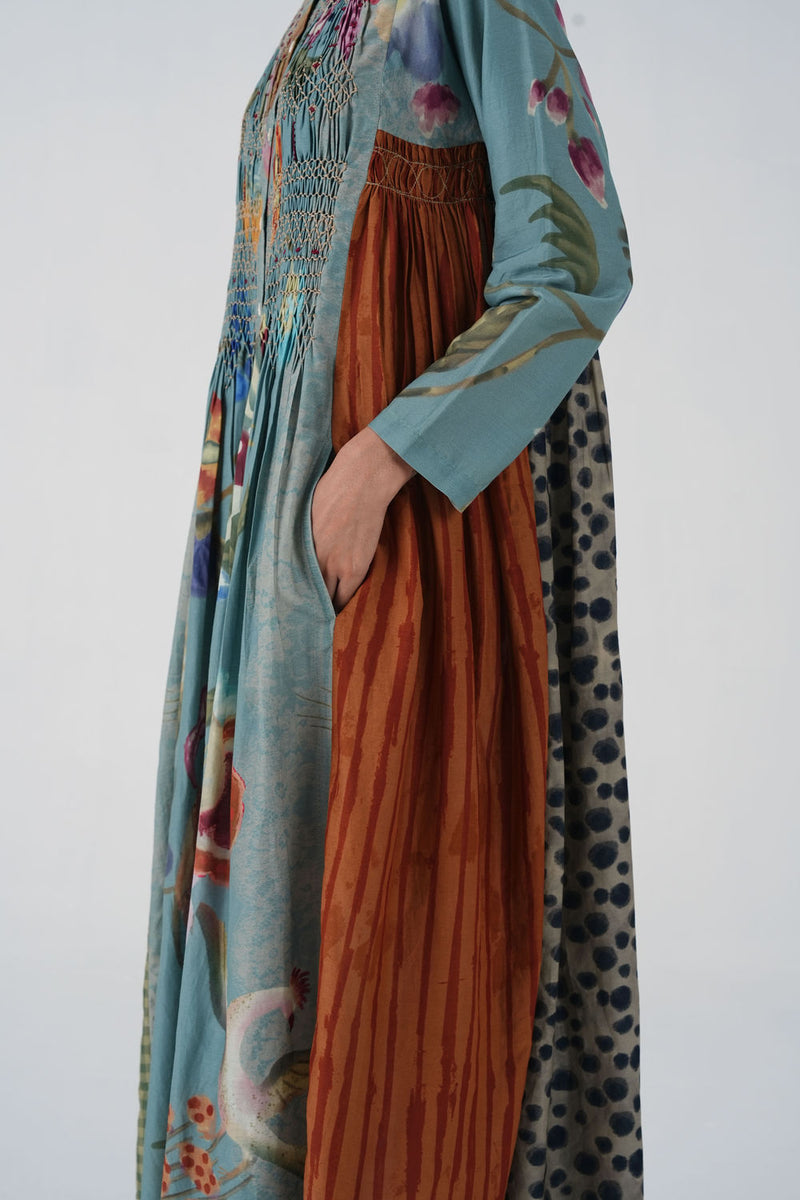 Frida Dress-Blue Floret cotton silk dress by CORD in multi-color for women Worldwide
