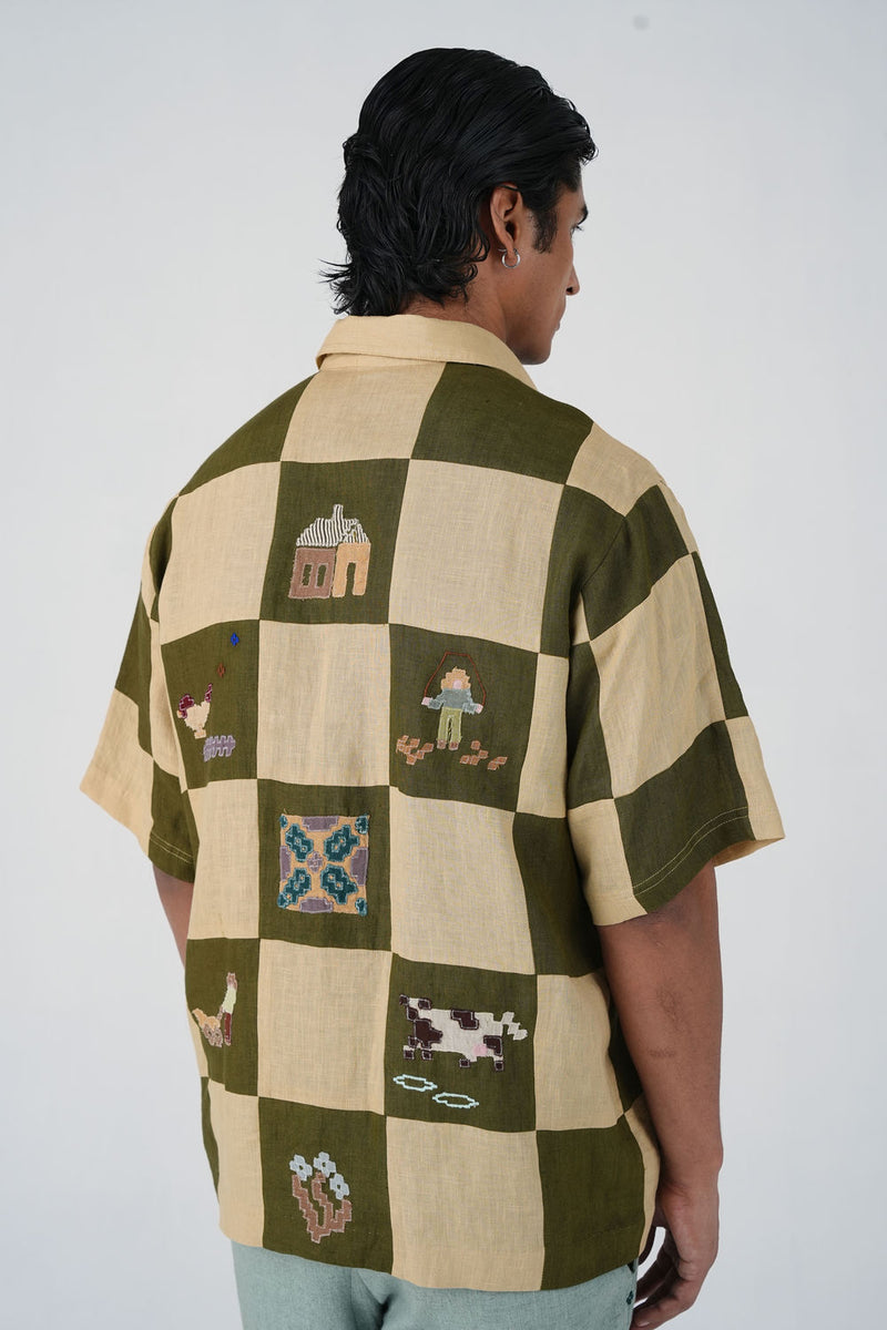 Skater Shirt-Countryside Applique linen shirt by CORD MEN in multi-color for men Worldwide