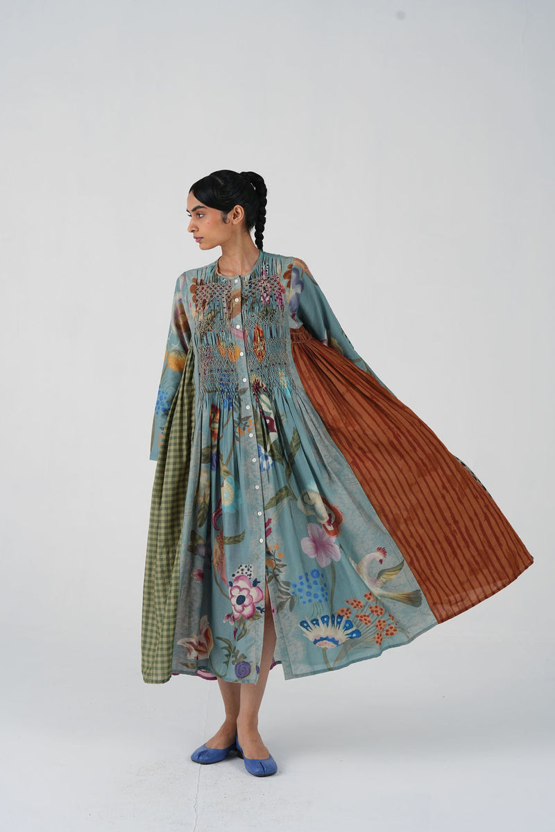 Frida Dress-Blue Floret cotton silk dress by CORD in multi-color for women Worldwide
