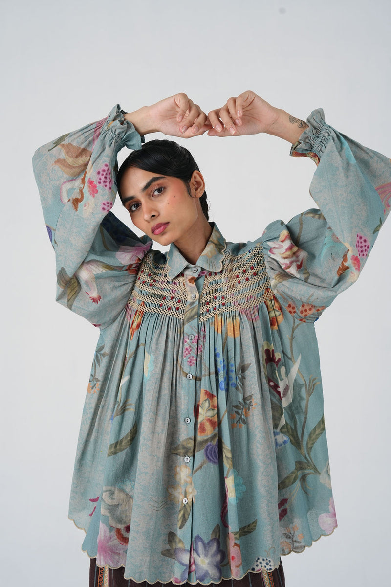 Judy Shirt-Blue Floret cotton top/shirt by CORD in multi-color for women Worldwide