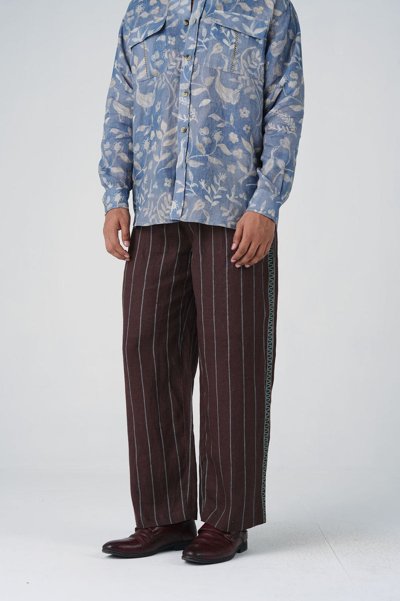 Double Pleat Pants-Maroon Striper linen pant/trouser by CORD MEN in multi-color for men Worldwide