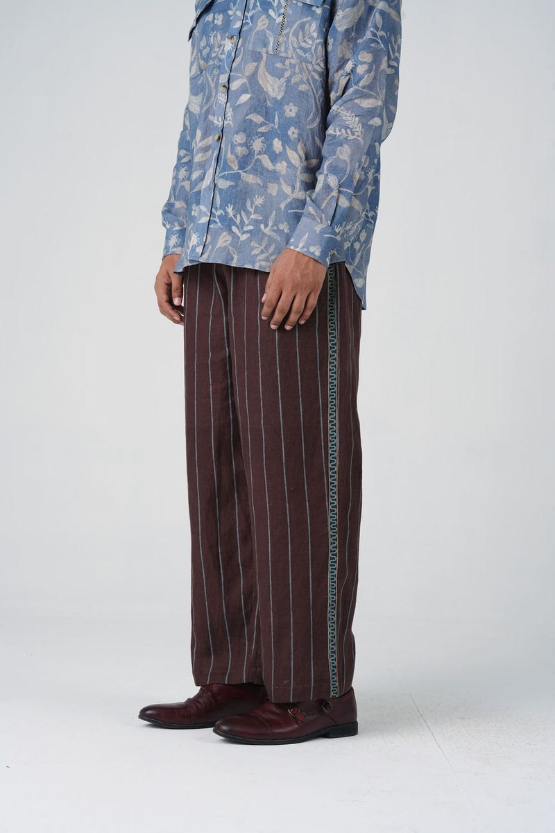 Double Pleat Pants-Maroon Striper linen pant/trouser by CORD MEN in multi-color for men Worldwide