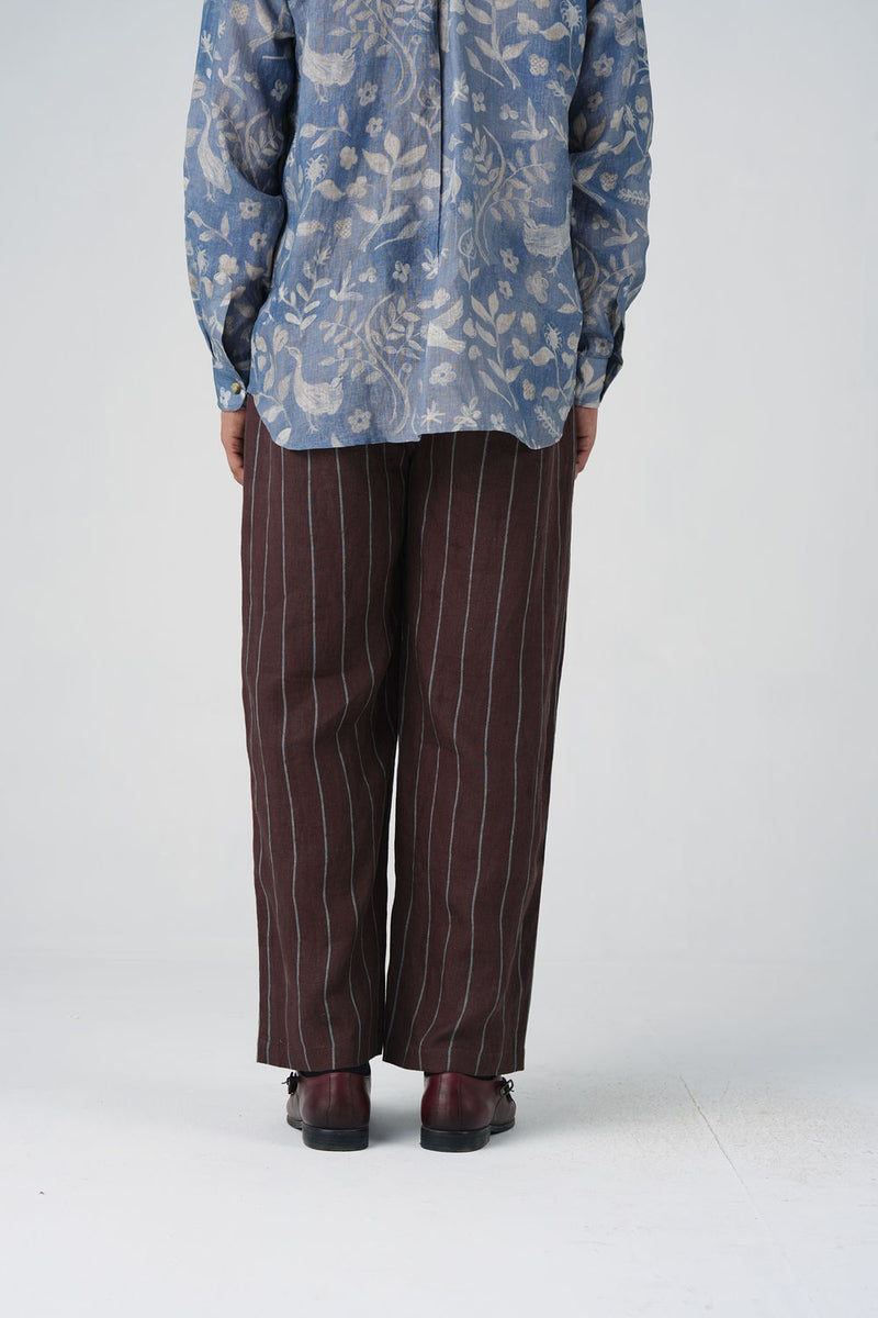 Double Pleat Pants-Maroon Striper linen pant/trouser by CORD MEN in multi-color for men Worldwide