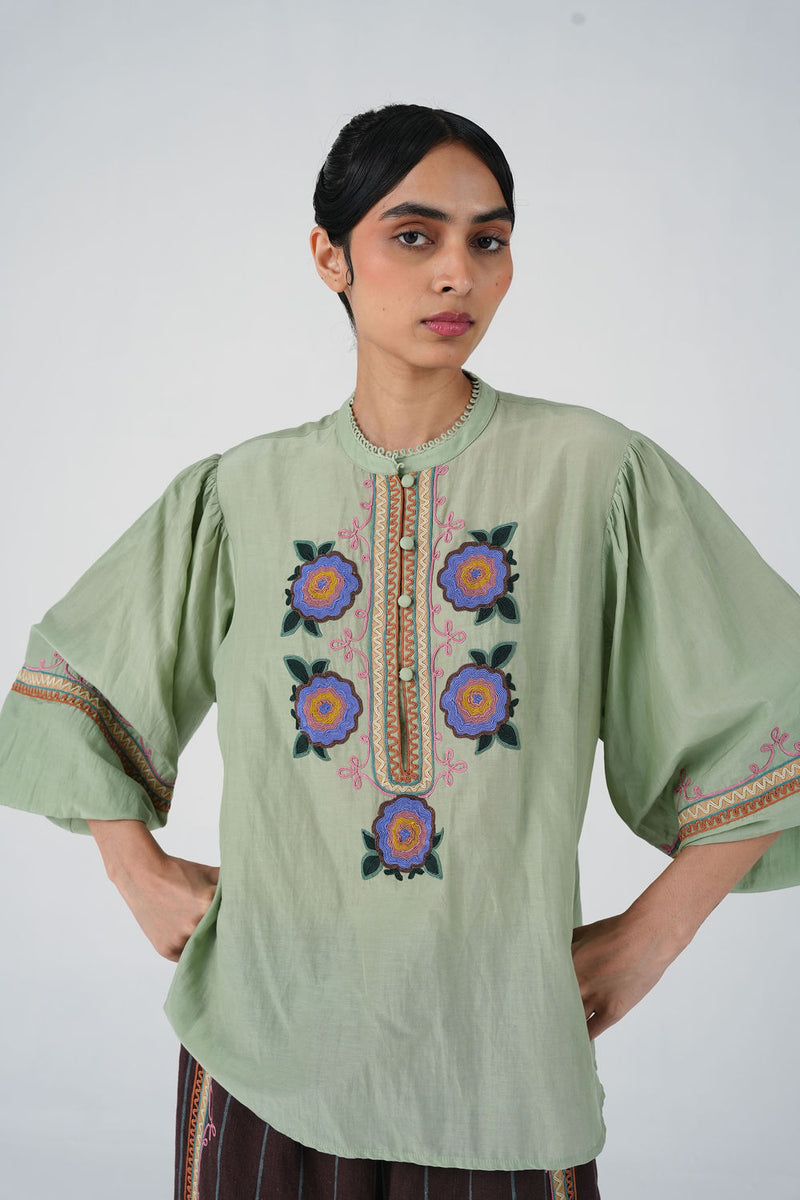 Jane Top-Blue Marigold cotton silk top and shirts by CORD in multi-color for women Worldwide