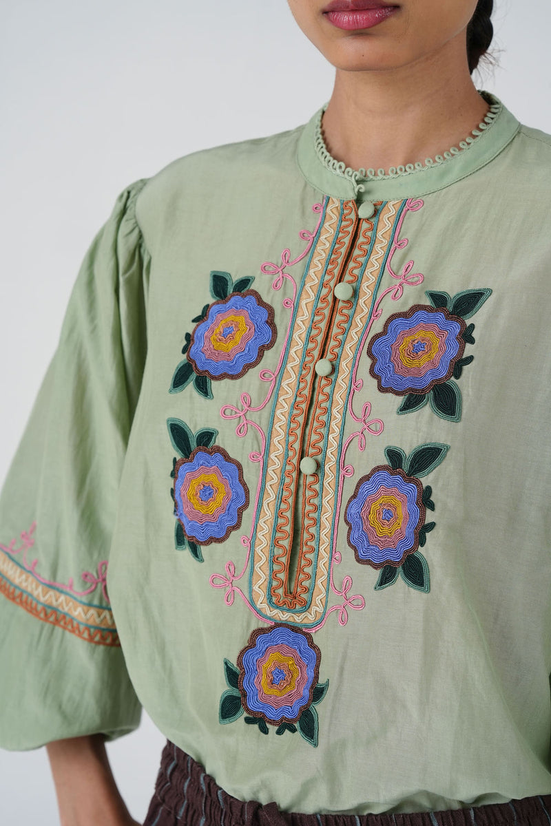 Jane Top-Blue Marigold cotton silk top and shirts by CORD in multi-color for women Worldwide