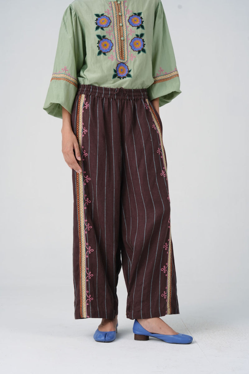 Pareo Pants-Brown Stripe With Dori linen pant/trouser by CORD in multi-color for women Worldwide