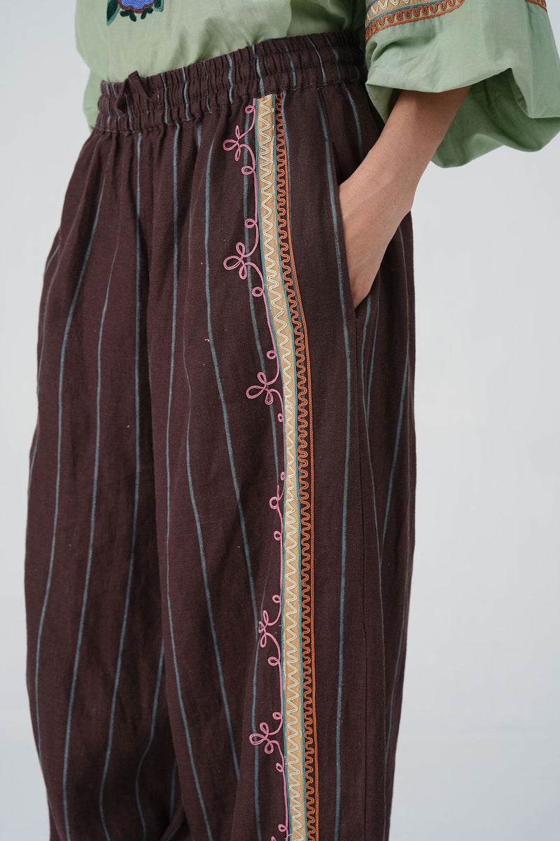Pareo Pants-Brown Stripe With Dori linen pant/trouser by CORD in multi-color for women Worldwide