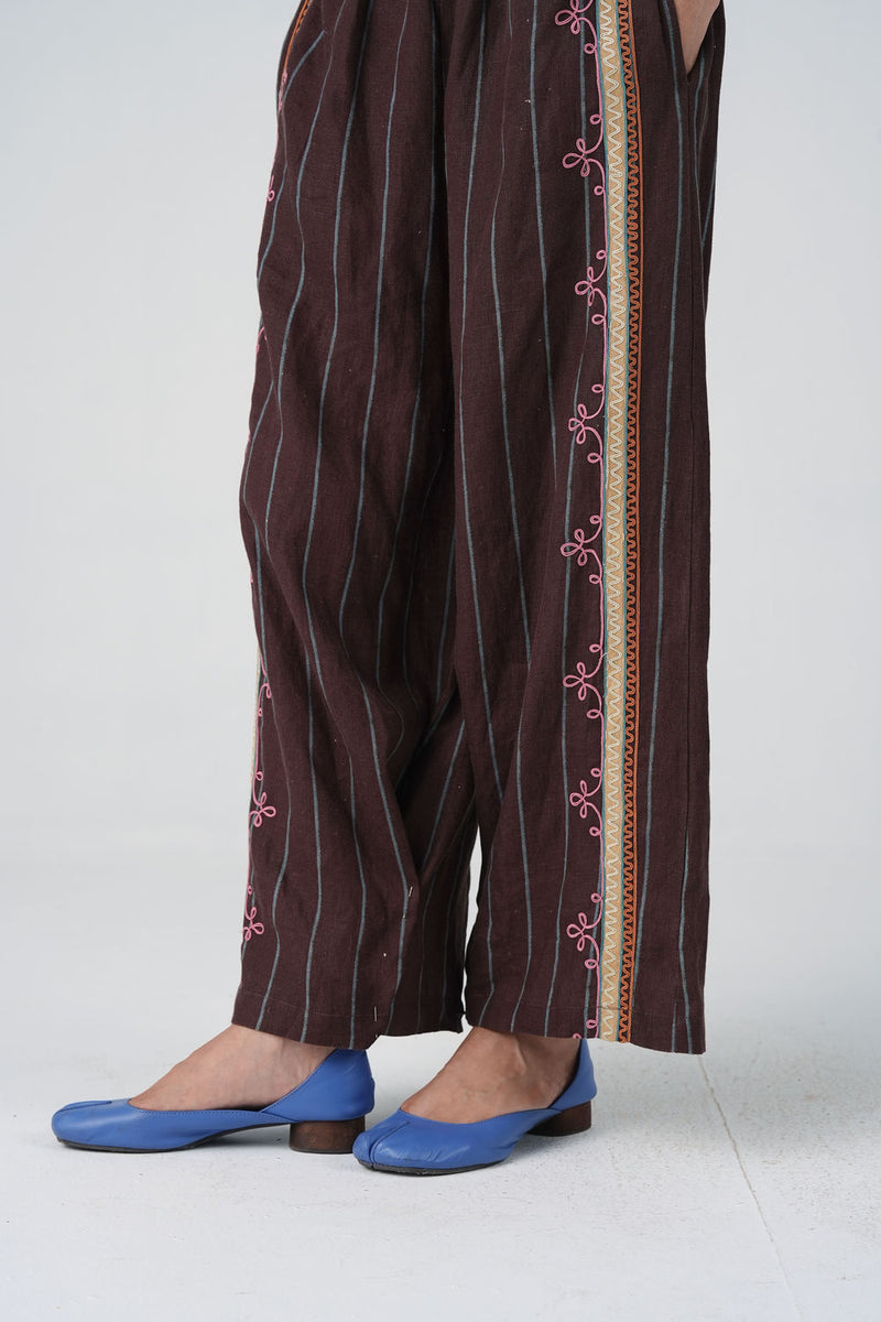 Pareo Pants-Brown Stripe With Dori linen pant/trouser by CORD in multi-color for women Worldwide
