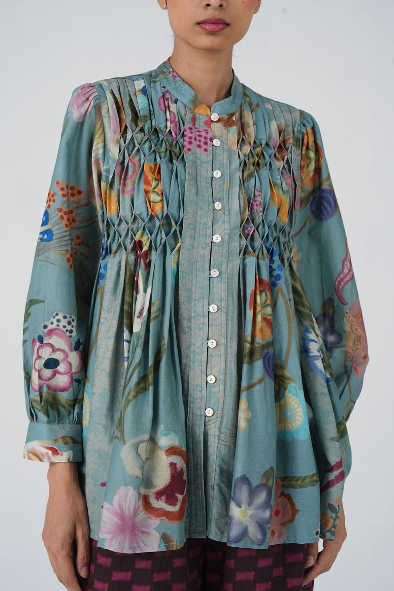 Leni Top-Blue Floret cotton silk top and shirts by CORD in multi-color for women Worldwide