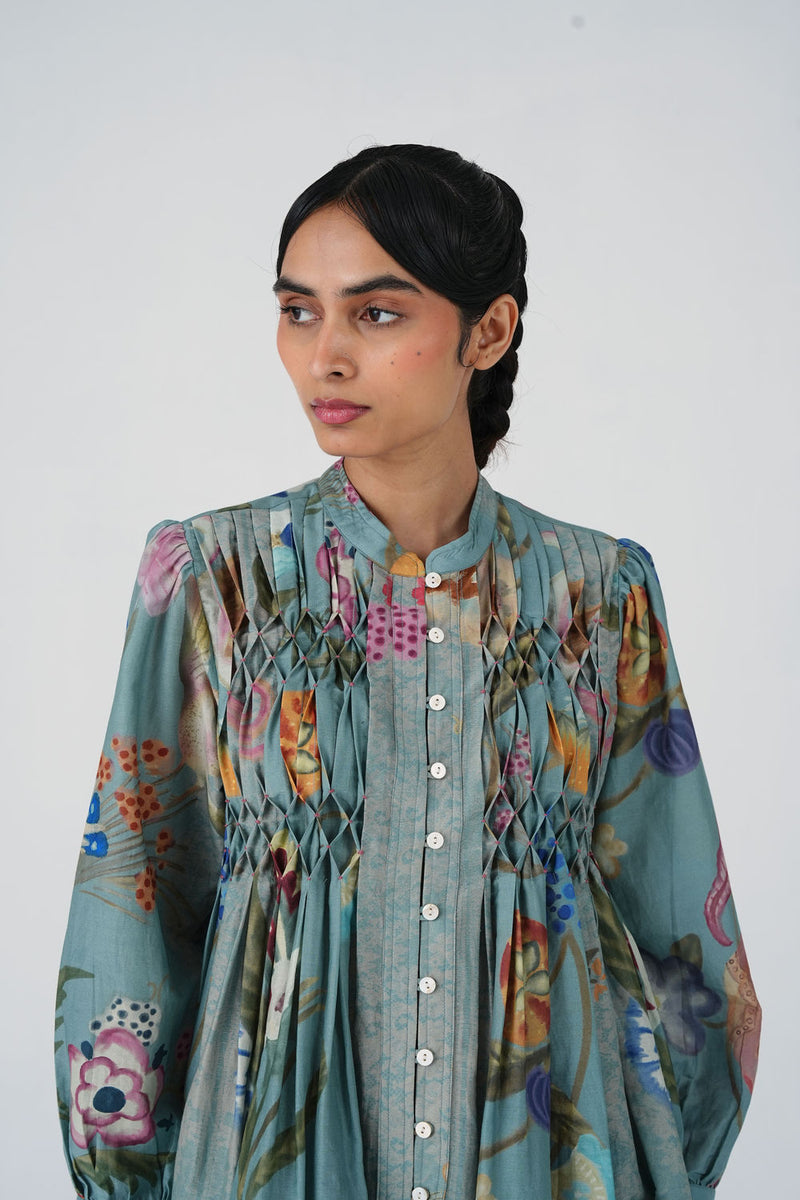 Leni Top-Blue Floret cotton silk top and shirts by CORD in multi-color for women Worldwide