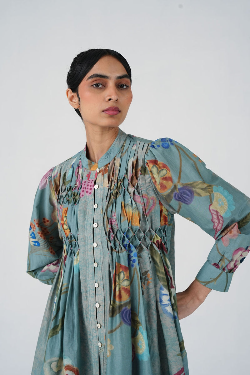 Leni Top-Blue Floret cotton silk top and shirts by CORD in multi-color for women Worldwide
