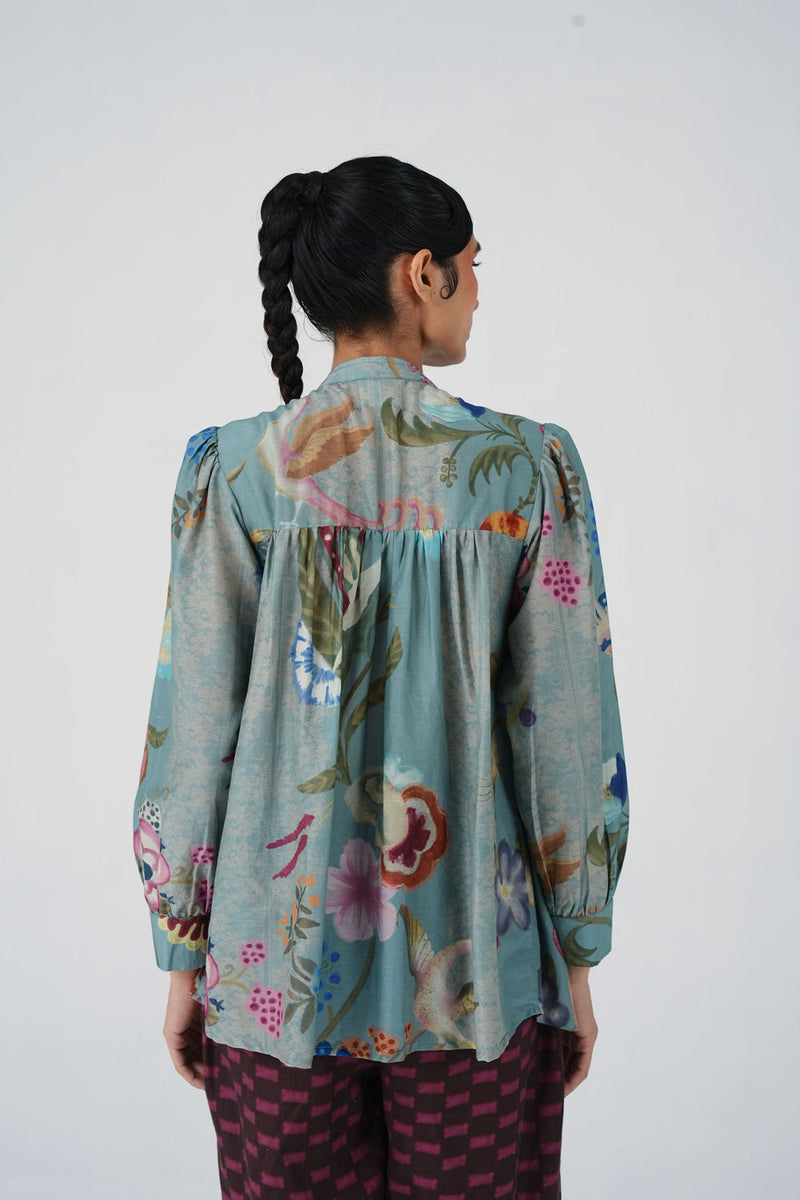 Leni Top-Blue Floret cotton silk top and shirts by CORD in multi-color for women Worldwide
