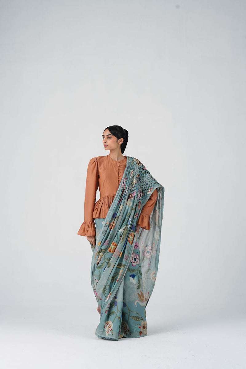 Smocked Saree-Blue Floret cotton saree by CORD in multi-color for women Worldwide