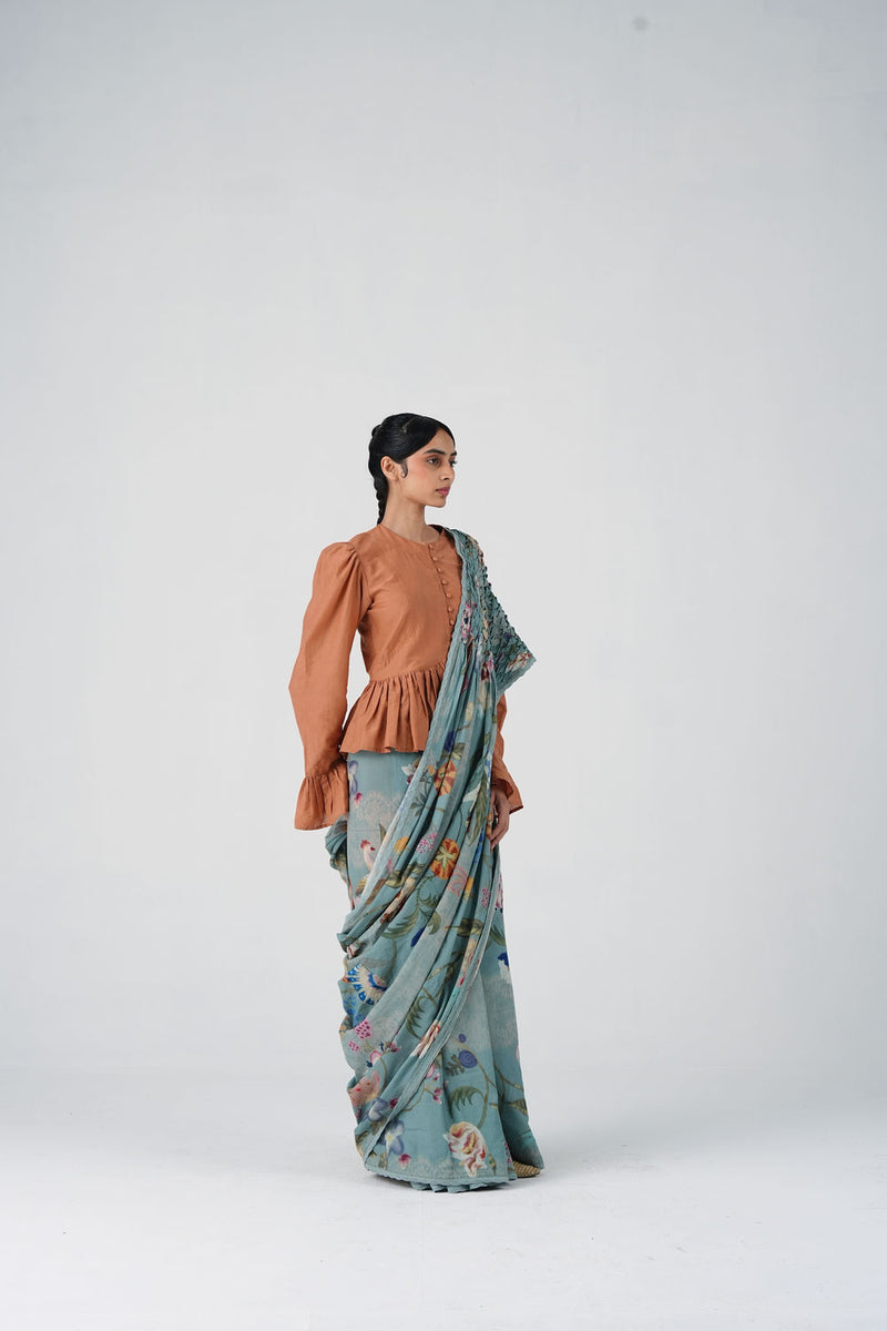 Smocked Saree-Blue Floret cotton saree by CORD in multi-color for women Worldwide