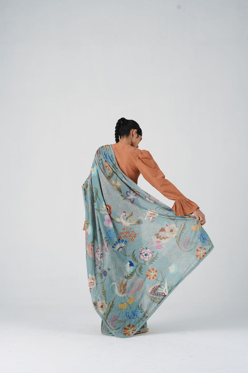 Smocked Saree-Blue Floret cotton saree by CORD in multi-color for women Worldwide
