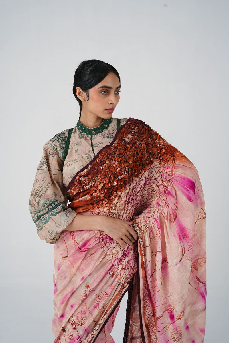 Smocked Saree-Sai cotton saree by CORD in multi-color for women Worldwide