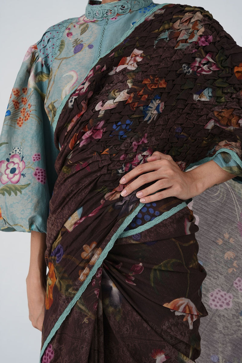 Beth Top-Blue Floret cotton silk top and shirts by CORD in multi-color for women Worldwide