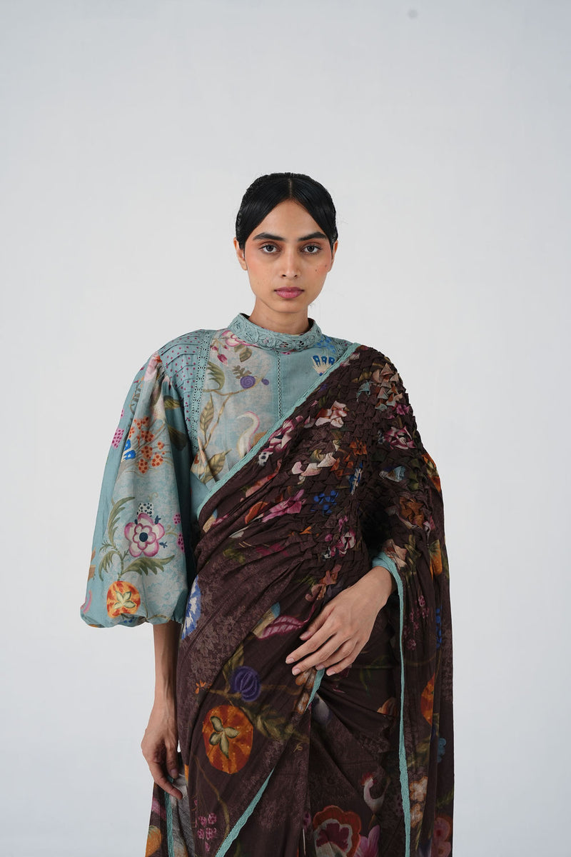 Smocked Saree-Floret cotton saree by CORD in multi-color for women Worldwide
