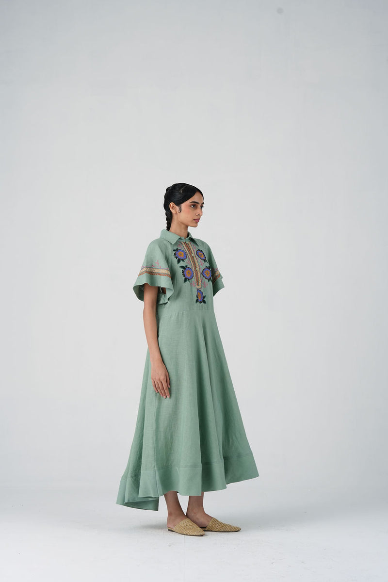 Maya Dress-Blue Marigold linen dress by CORD in multi-color for women Worldwide