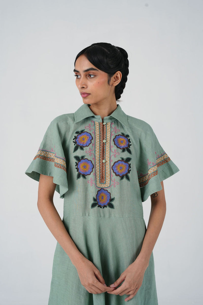 Maya Dress-Blue Marigold linen dress by CORD in multi-color for women Worldwide