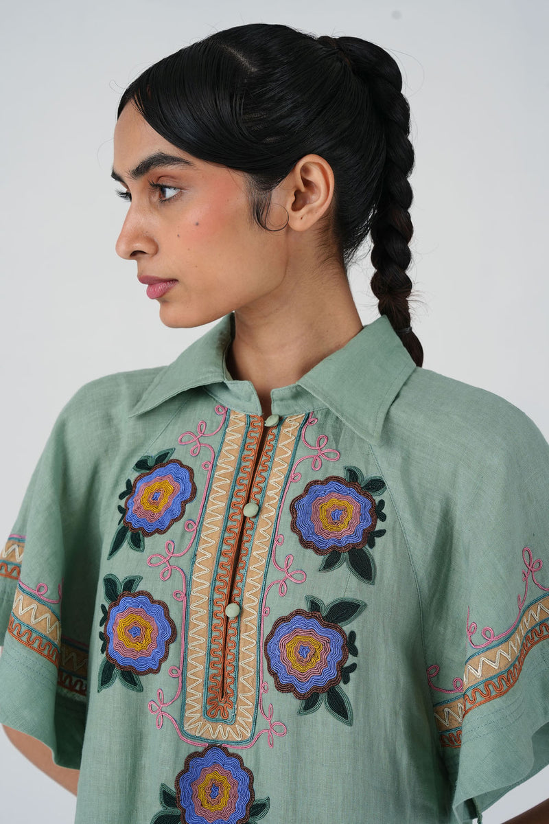 Maya Dress-Blue Marigold linen dress by CORD in multi-color for women Worldwide