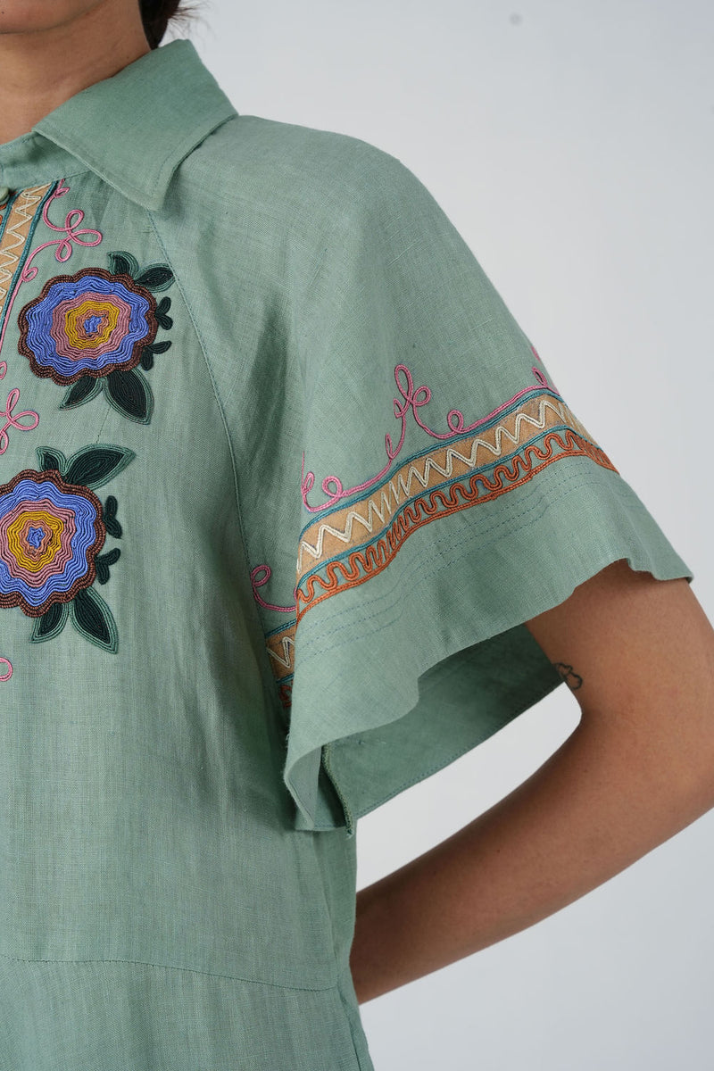 Maya Dress-Blue Marigold linen dress by CORD in multi-color for women Worldwide