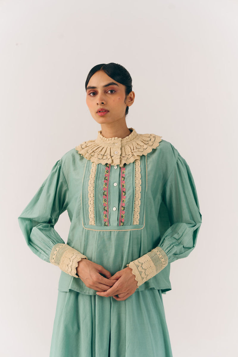 Audrey Top-Aqua Floret cotton silk top and shirts by CORD in multi-color for women Worldwide