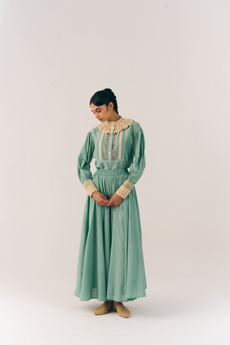 Audrey Top-Aqua Floret cotton silk top and shirts by CORD in multi-color for women Worldwide