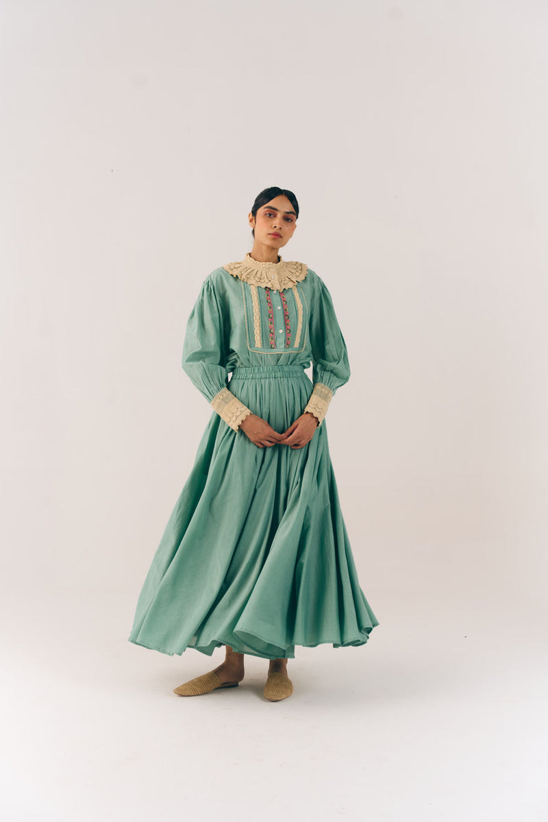 Umbrella Skirt-Aqua Floret cotton silk skirt by CORD in multi-color for women Worldwide