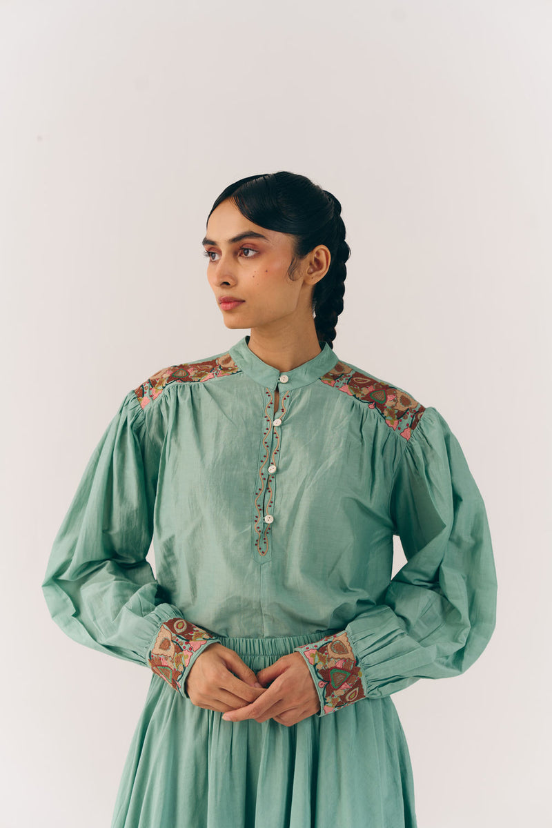 Peasent Top-Aqua Fleur cotton silk top and shirts by CORD in multi-color for women Worldwide