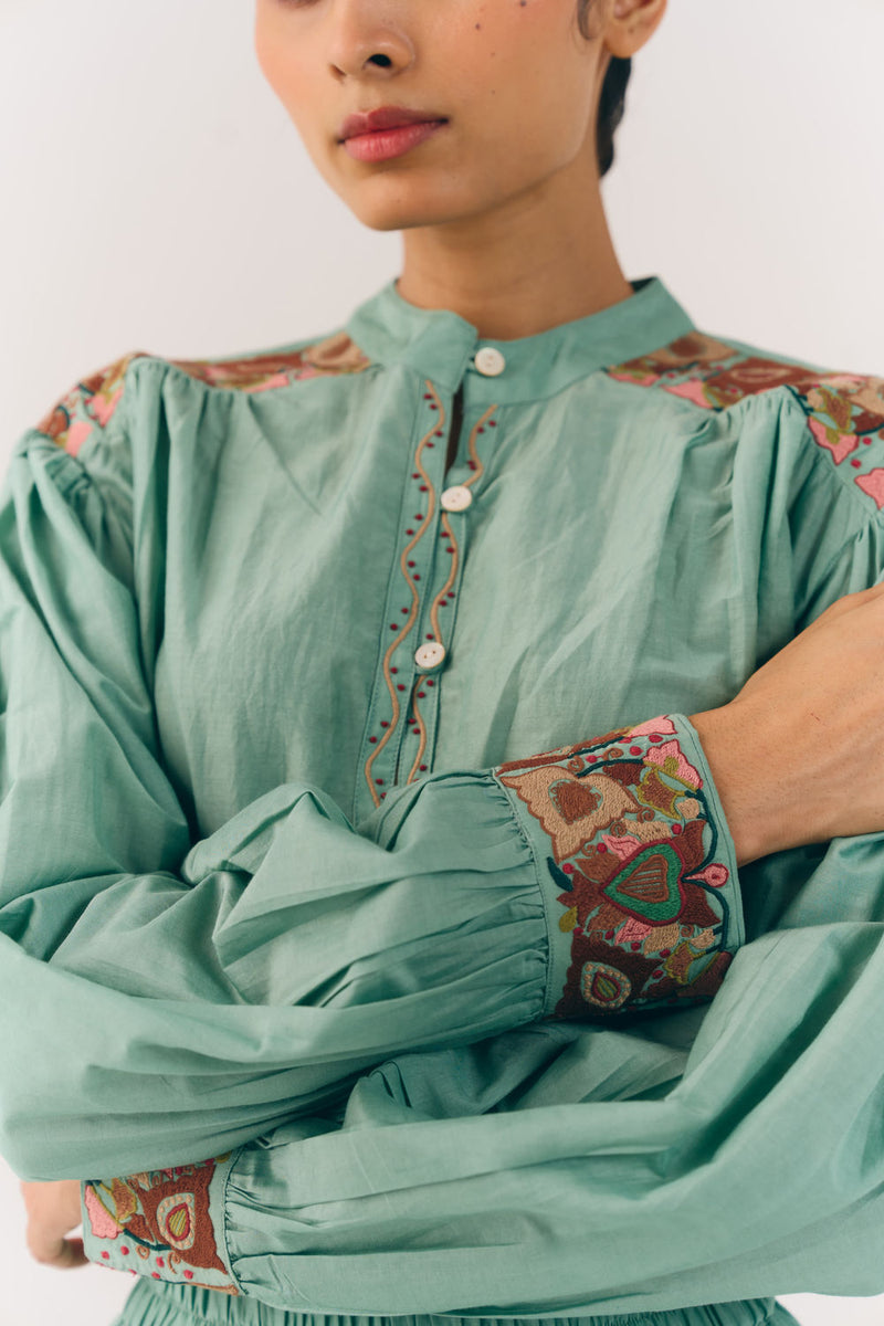 Peasent Top-Aqua Fleur cotton silk top and shirts by CORD in multi-color for women Worldwide