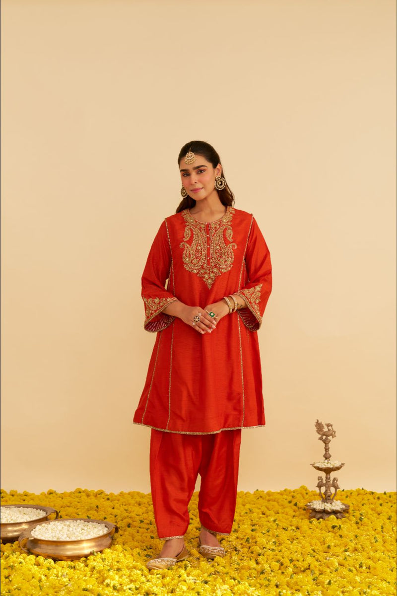 Ayra - Short Chauga With Salwar-Burnt Orange silk by SHEETAL BATRA in orange color for women Worldwide