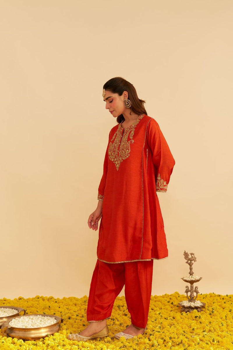Ayra - Short Chauga With Salwar-Burnt Orange silk by SHEETAL BATRA in orange color for women Worldwide