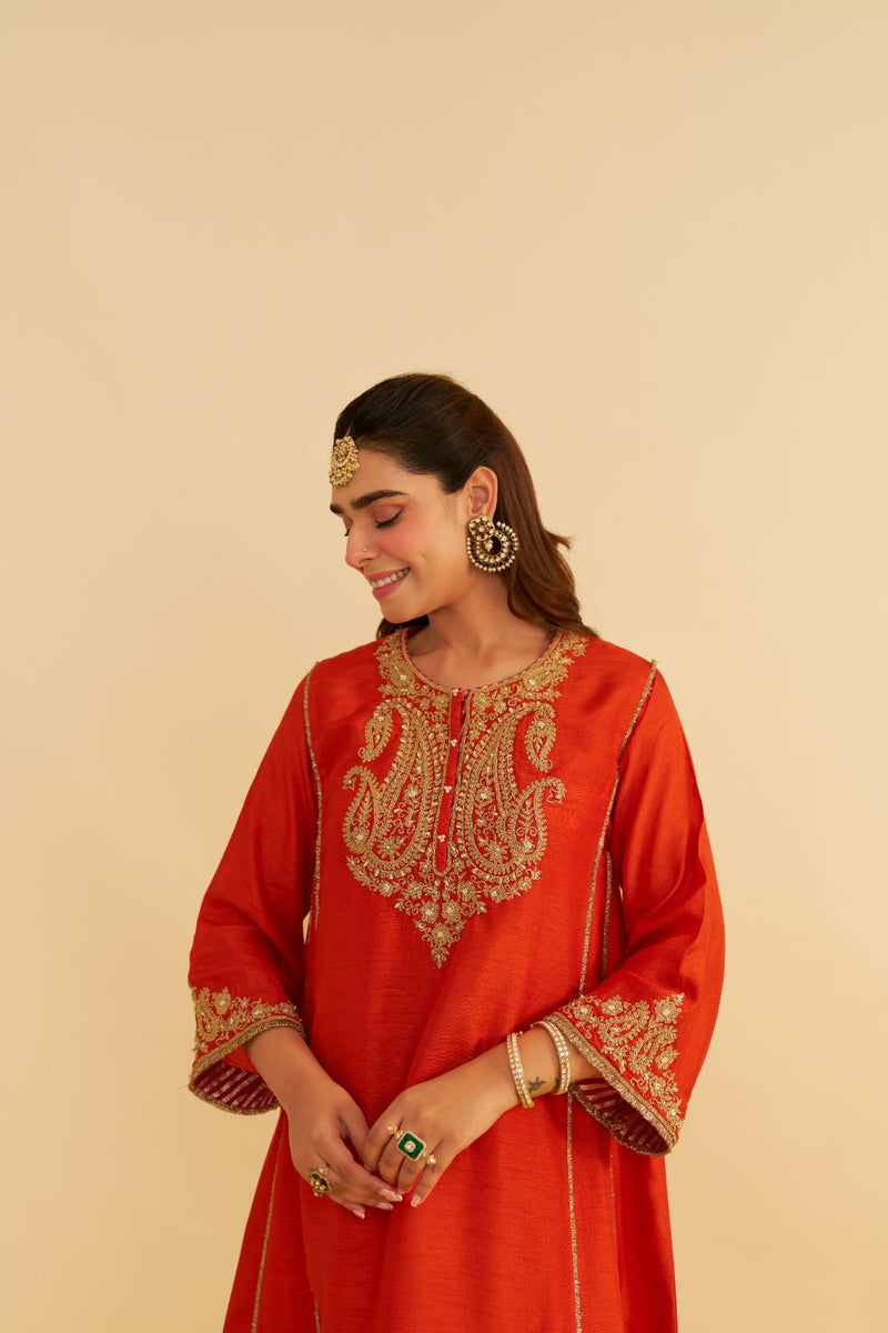 Ayra - Short Chauga With Salwar-Burnt Orange silk by SHEETAL BATRA in orange color for women Worldwide