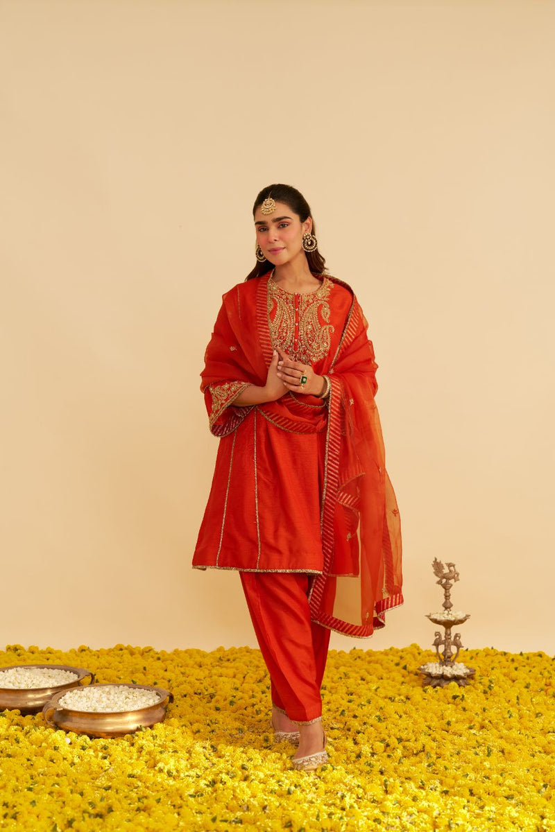 Ayra - Short Chauga With Salwar-Burnt Orange silk by SHEETAL BATRA in orange color for women Worldwide